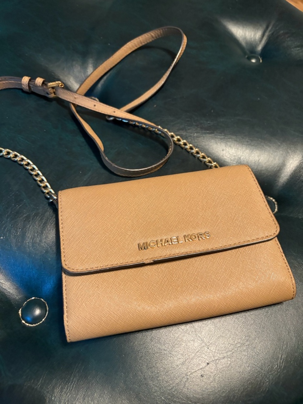 Michael Kors Camel Saffiano Leather Crossbody with Gold Chain